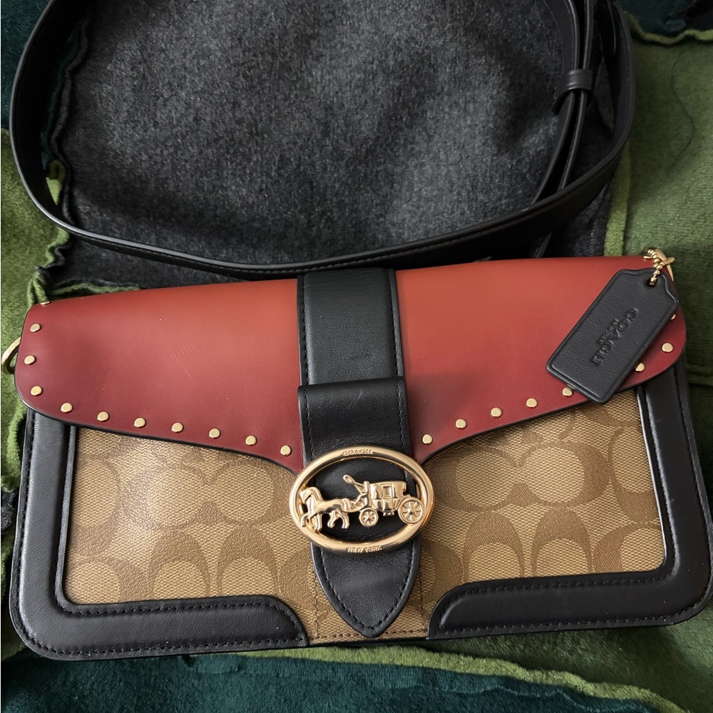 Coach Red and Tan Crossbody Bag with Black Details